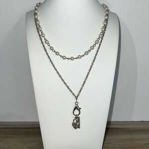 Hearts And Love Chain With Pearl Long Charm Necklace Silver Tone White Classic